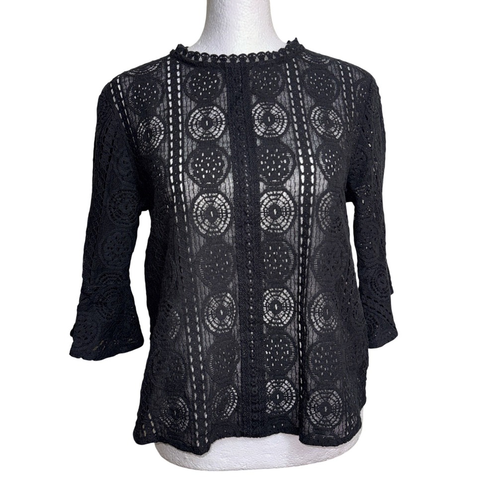 Harlow & Graham Size S Black Crochet Lace Blouse Boho Festival Sheer Bell Sleeve